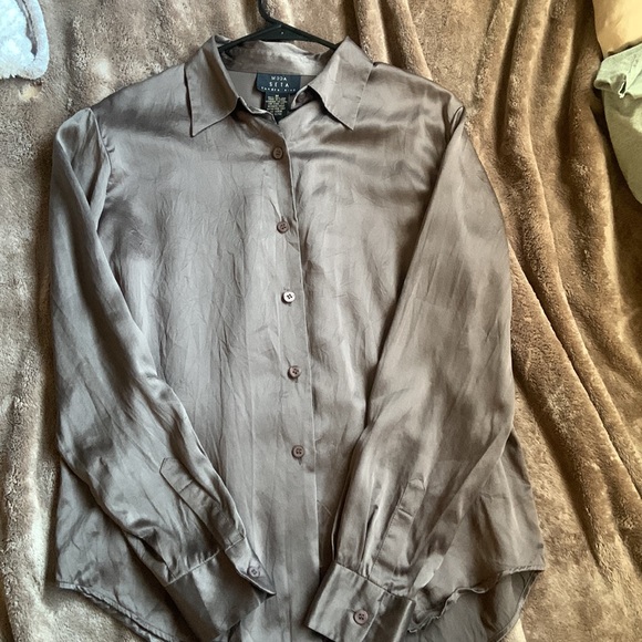 Neutral brown silk button up long sleeve - Picture 2 of 3